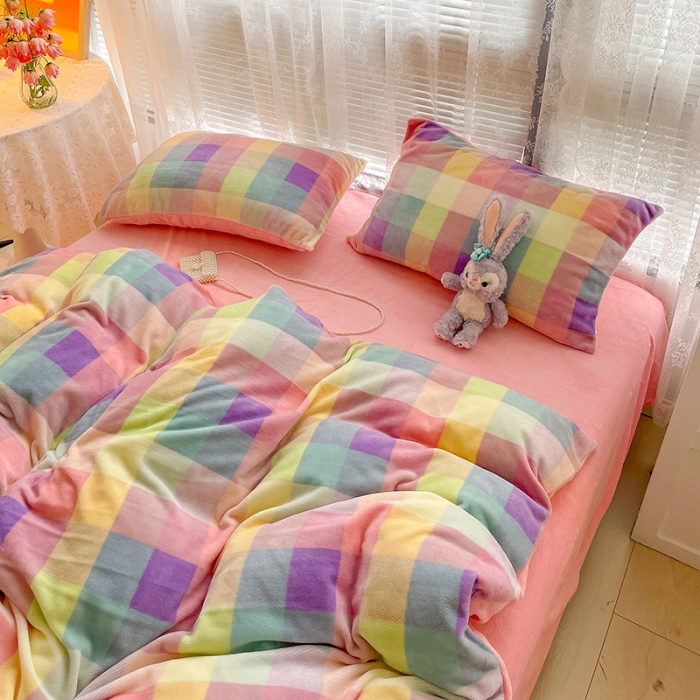 91家纺网 家纺一手货源 找家纺 慕尚2022新款撞色果冻格子复古格子牛奶绒四件套 果冻格子-粉