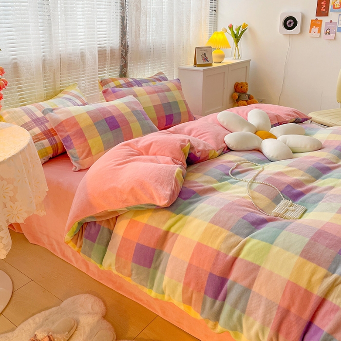 91家纺网 家纺一手货源 找家纺 慕尚2022新款撞色果冻格子复古格子牛奶绒四件套 果冻格子-粉