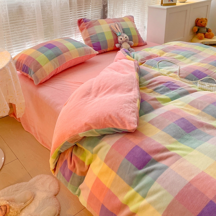 91家纺网 家纺一手货源 找家纺 慕尚2022新款撞色果冻格子复古格子牛奶绒四件套 果冻格子-粉