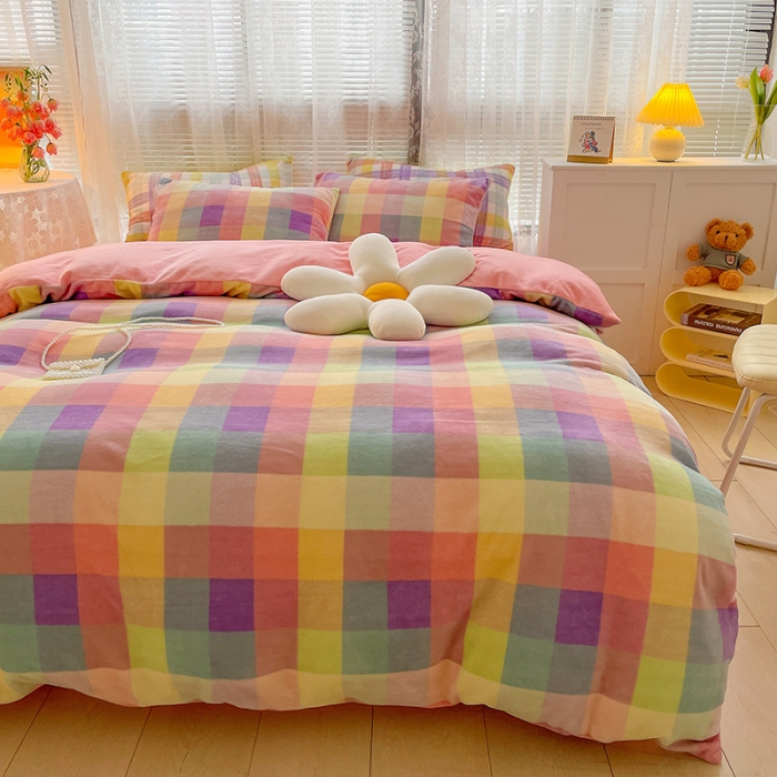 91家纺网 家纺一手货源 找家纺 慕尚2022新款撞色果冻格子复古格子牛奶绒四件套 果冻格子-粉