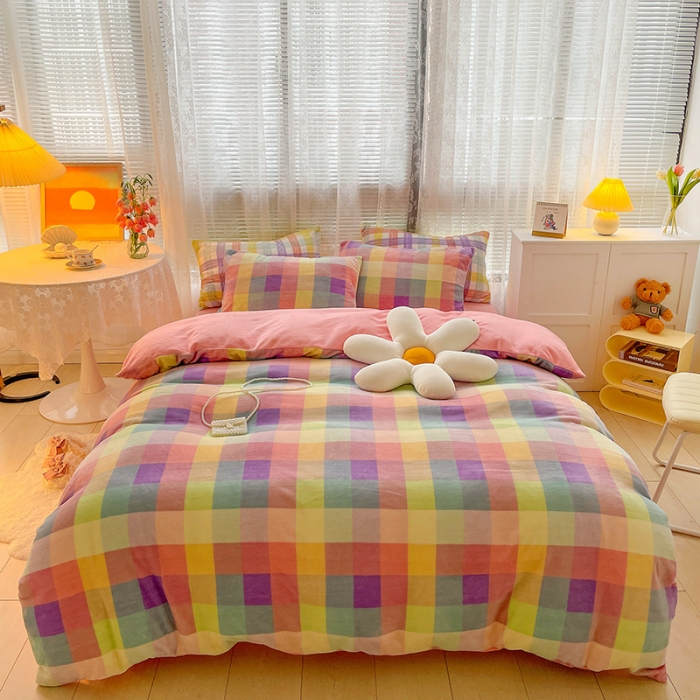 91家纺网 家纺一手货源 找家纺 慕尚2022新款撞色果冻格子复古格子牛奶绒四件套 果冻格子-粉