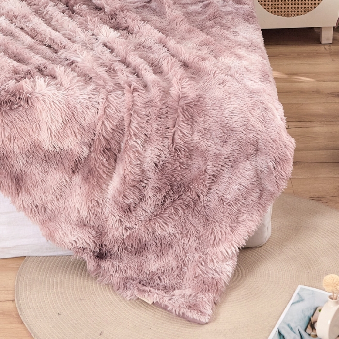 91家纺网 家纺一手货源 找家纺 品尚嘉 水貂绒毛毯长毛绒法莱绒双层跨境外贸毯子 扎染-豆沙