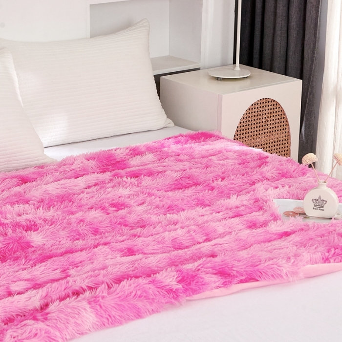 91家纺网 家纺一手货源 找家纺 品尚嘉 水貂绒毛毯长毛绒法莱绒双层跨境外贸毯子 扎染-粉色