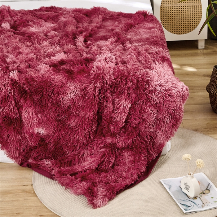 91家纺网 家纺一手货源 找家纺 品尚嘉 水貂绒毛毯长毛绒法莱绒双层跨境外贸毯子 扎染-酒红