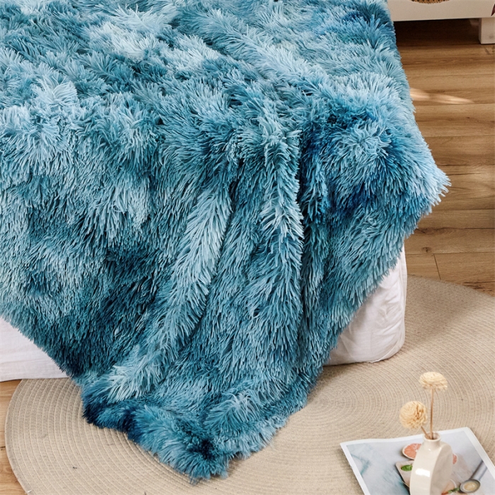 91家纺网 家纺一手货源 找家纺 品尚嘉 水貂绒毛毯长毛绒法莱绒双层跨境外贸毯子 扎染-蓝色