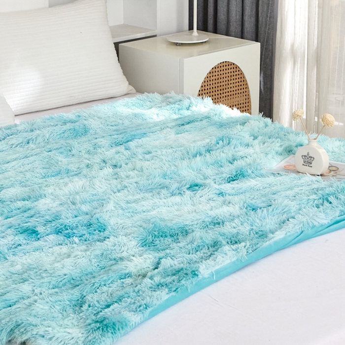 91家纺网 家纺一手货源 找家纺 品尚嘉 水貂绒毛毯长毛绒法莱绒双层跨境外贸毯子 扎染-水蓝
