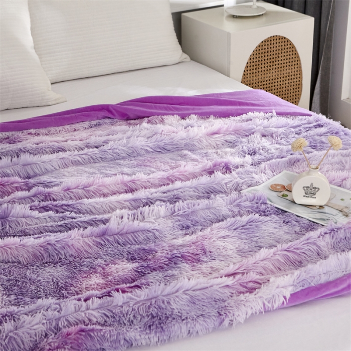 91家纺网 家纺一手货源 找家纺 品尚嘉 水貂绒毛毯长毛绒法莱绒双层跨境外贸毯子 扎染-紫色