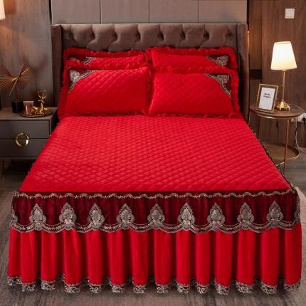 91家纺网 家纺一手货源 找家纺 家之硕 2021新款水晶绒夹棉床裙三件套 幸运花系列 中国红