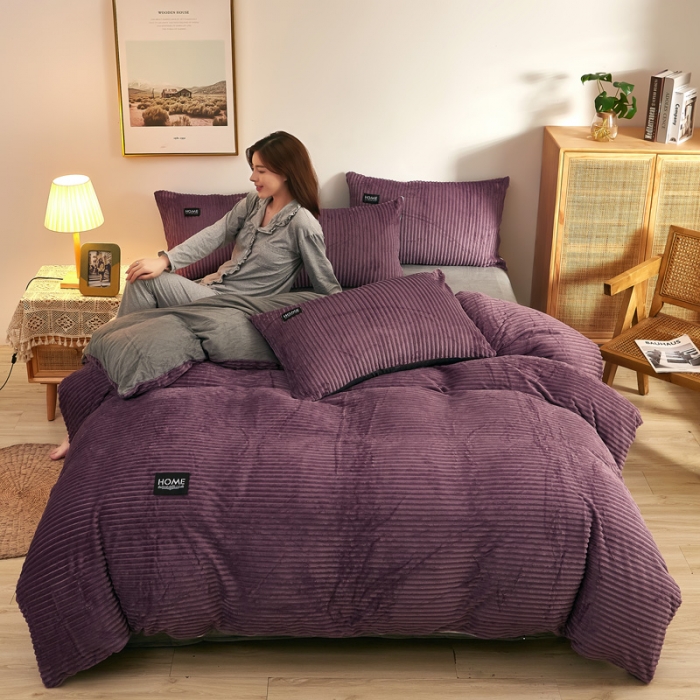 91家纺网 家纺一手货源 找家纺 爱洛家纺 2021新款保暖魔法绒四件套 紫灰色