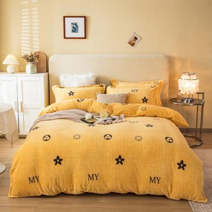 91家纺网 家纺一手货源 找家纺 凡客2021秋冬重3.8kg高克重牛奶绒印花四件套布莱德黄