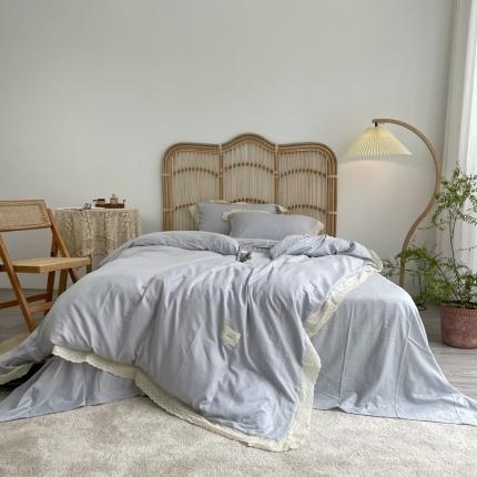 91家纺网 家纺一手货源 找家纺 源启 2021新款复古花边双层纱全棉四件套纯棉 月牙灰