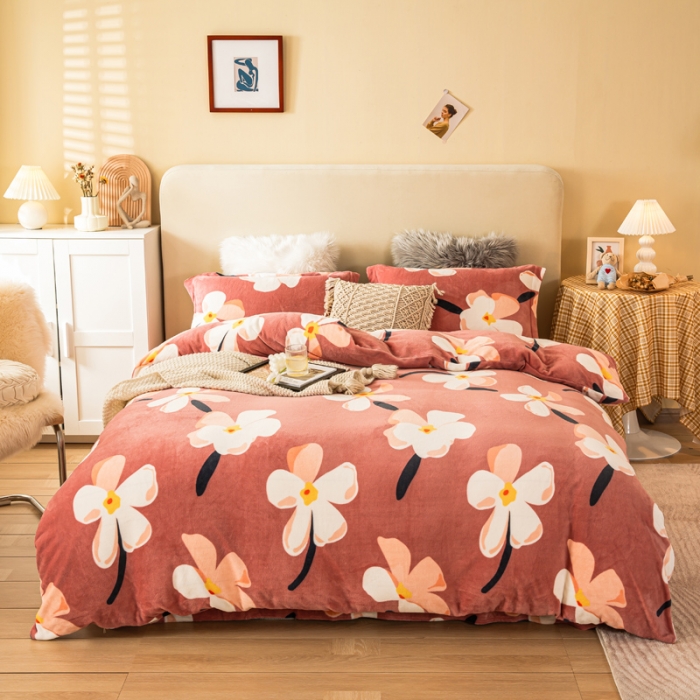 91家纺网 家纺一手货源 找家纺 凡客2021秋冬总重3.8kg高克重牛奶绒印花四件套那拉提红