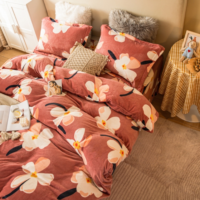 91家纺网 家纺一手货源 找家纺 凡客2021秋冬总重3.8kg高克重牛奶绒印花四件套那拉提红