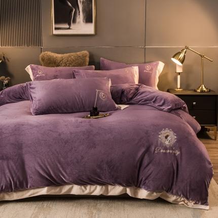 91家纺网 家纺一手货源 找家纺 凡客2021秋冬新款水晶绒绣花四件套-居里夫人 香芋紫