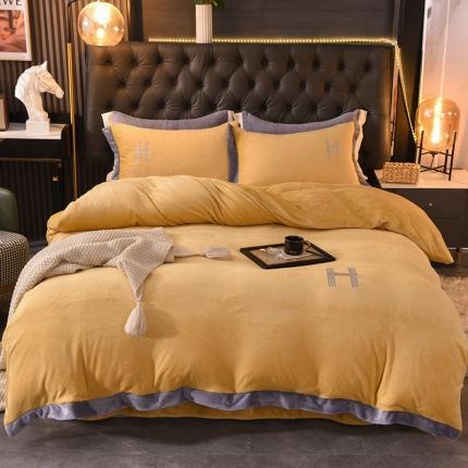 91家纺网 家纺一手货源 找家纺 艾米家居 2021新款牛奶绒刺绣H款四件套 黄