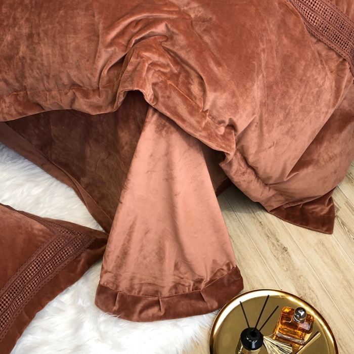 91家纺网 家纺一手货源 找家纺 榻尚 2021新款柔肤绒花边款四件套遇见系列 焦糖