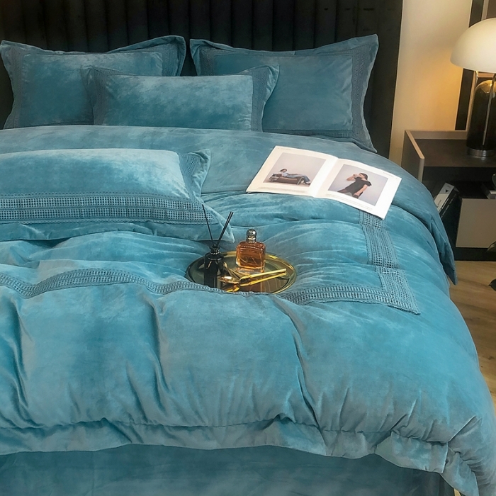 91家纺网 家纺一手货源 找家纺 榻尚 2021新款柔肤绒花边款四件套遇见系列 绿