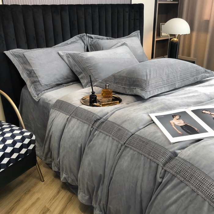 91家纺网 家纺一手货源 找家纺 榻尚 2021新款柔肤绒花边款四件套遇见系列 银灰