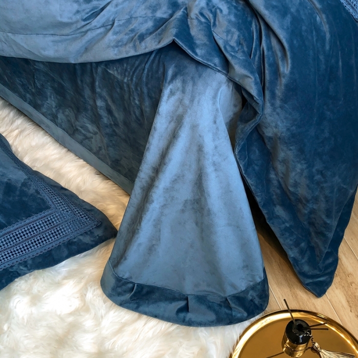 91家纺网 家纺一手货源 找家纺 榻尚 2021新款柔肤绒花边款四件套遇见系列 深蓝