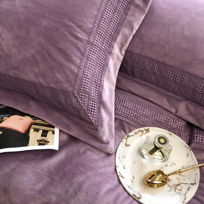 91家纺网 家纺一手货源 找家纺 榻尚 2021新款柔肤绒花边款四件套遇见系列 紫