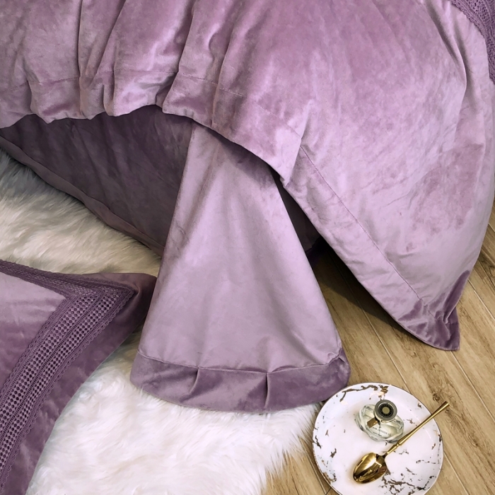 91家纺网 家纺一手货源 找家纺 榻尚 2021新款柔肤绒花边款四件套遇见系列 紫