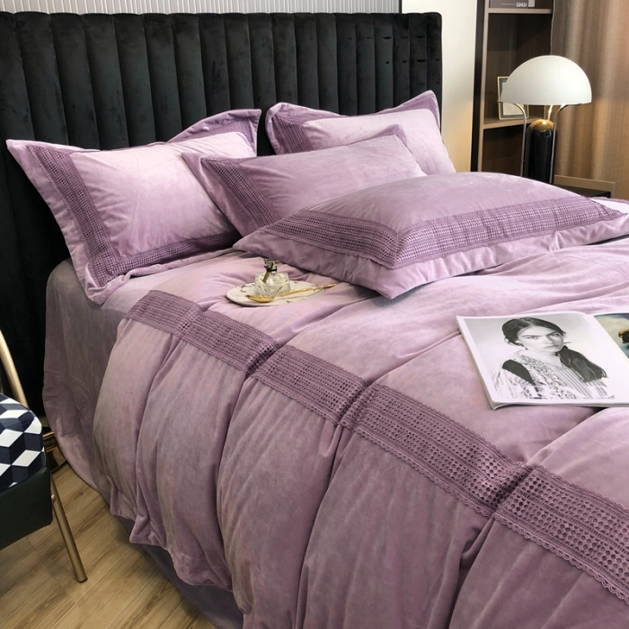 91家纺网 家纺一手货源 找家纺 榻尚 2021新款柔肤绒花边款四件套遇见系列 紫