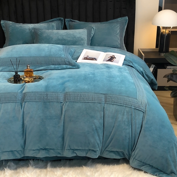 91家纺网 家纺一手货源 找家纺 榻尚 2021新款柔肤绒花边款四件套遇见系列 绿