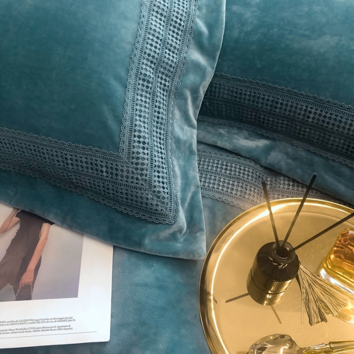 91家纺网 家纺一手货源 找家纺 榻尚 2021新款柔肤绒花边款四件套遇见系列 绿