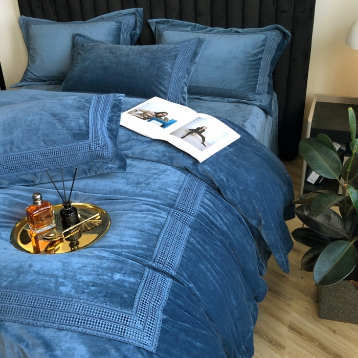 91家纺网 家纺一手货源 找家纺 榻尚 2021新款柔肤绒花边款四件套遇见系列 深蓝