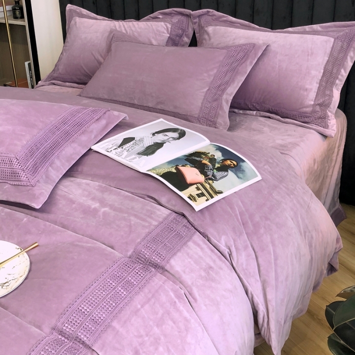 91家纺网 家纺一手货源 找家纺 榻尚 2021新款柔肤绒花边款四件套遇见系列 紫