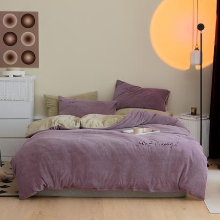 91家纺网 家纺一手货源 找家纺 寐眠2021新款牛奶绒四件套 hello-life紫色+米白