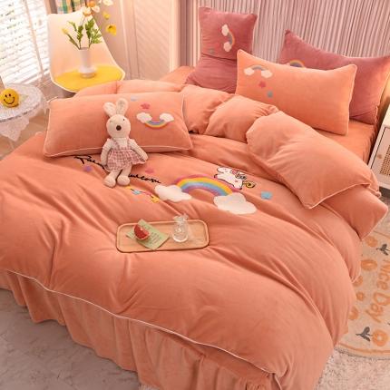 包小包2023新款独角兽高克重法莱绒牛奶绒三拼四件套 桔红