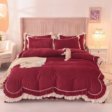 91家纺网 家纺一手货源 找家纺 芭比蔓 2022新款韩版玉米粒绒四件套系列 玉米粒-酒红
