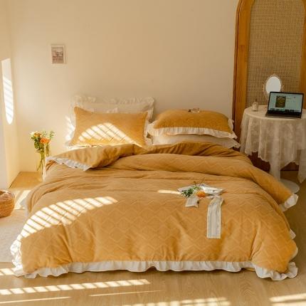 91家纺网 家纺一手货源 找家纺 FORTWO 新款230g全消光牛奶绒压花款四件套 华夫-黄