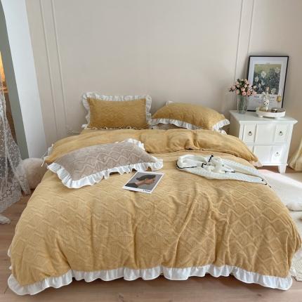 91家纺网 家纺一手货源 找家纺 FORTWO 新款230g全消光牛奶绒压花款四件套 华夫-黄