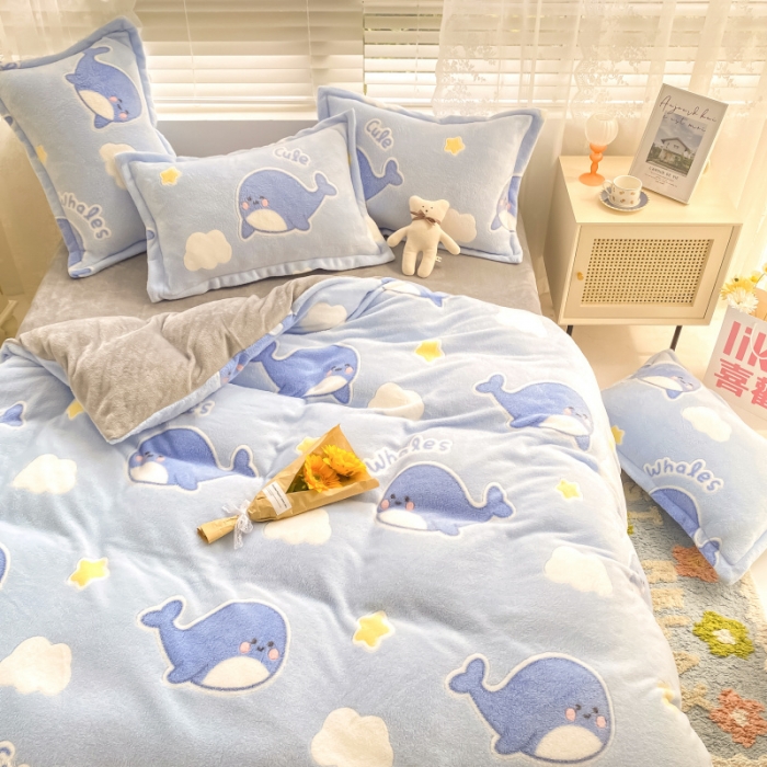 91家纺网 家纺一手货源 找家纺 川悦生活 2021新款立体雪花绒四件套直播供货 可爱鲸鱼