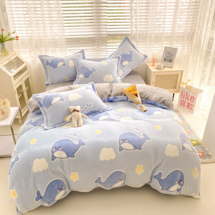 91家纺网 家纺一手货源 找家纺 川悦生活 2021新款立体雪花绒四件套直播供货 可爱鲸鱼