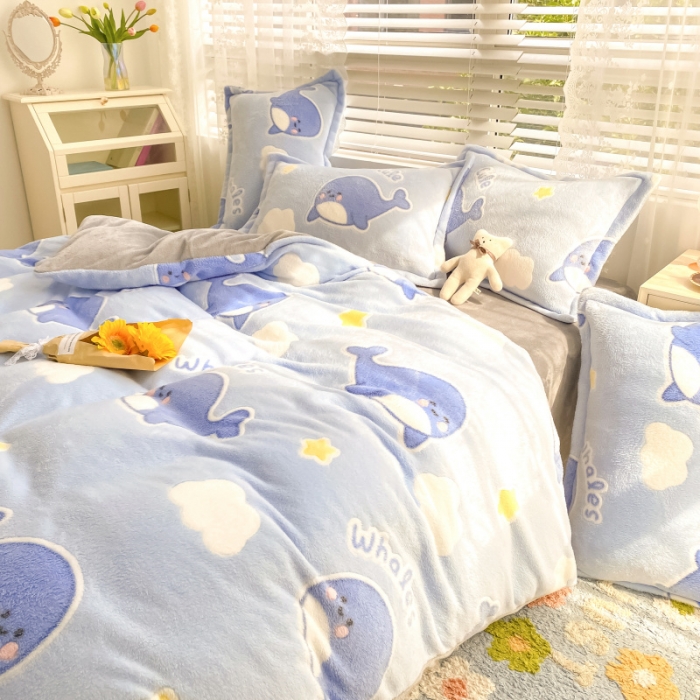 91家纺网 家纺一手货源 找家纺 川悦生活 2021新款立体雪花绒四件套直播供货 可爱鲸鱼