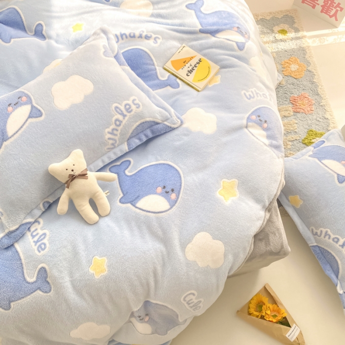 91家纺网 家纺一手货源 找家纺 川悦生活 2021新款立体雪花绒四件套直播供货 可爱鲸鱼