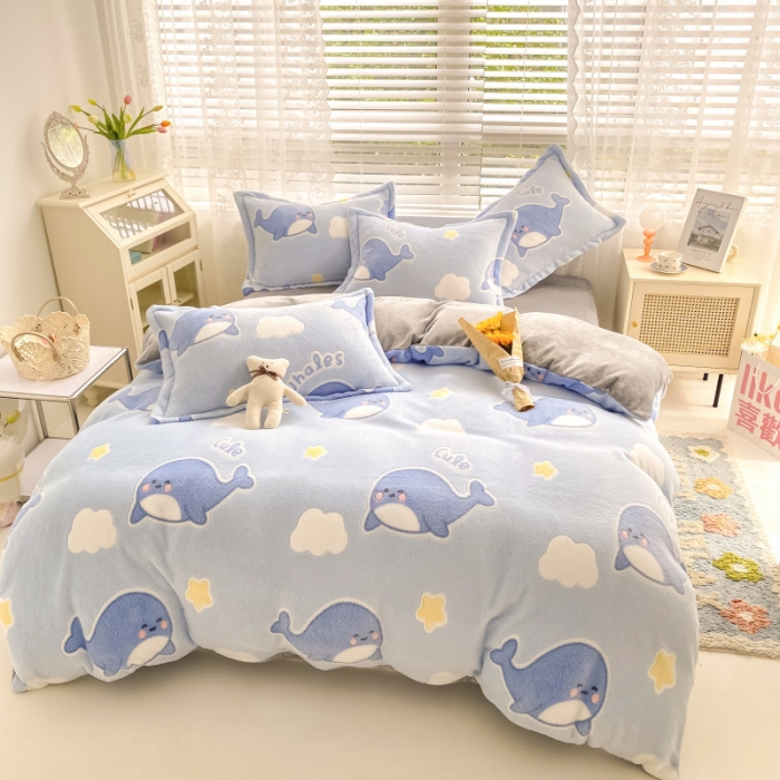 91家纺网 家纺一手货源 找家纺 川悦生活 2021新款立体雪花绒四件套直播供货 可爱鲸鱼