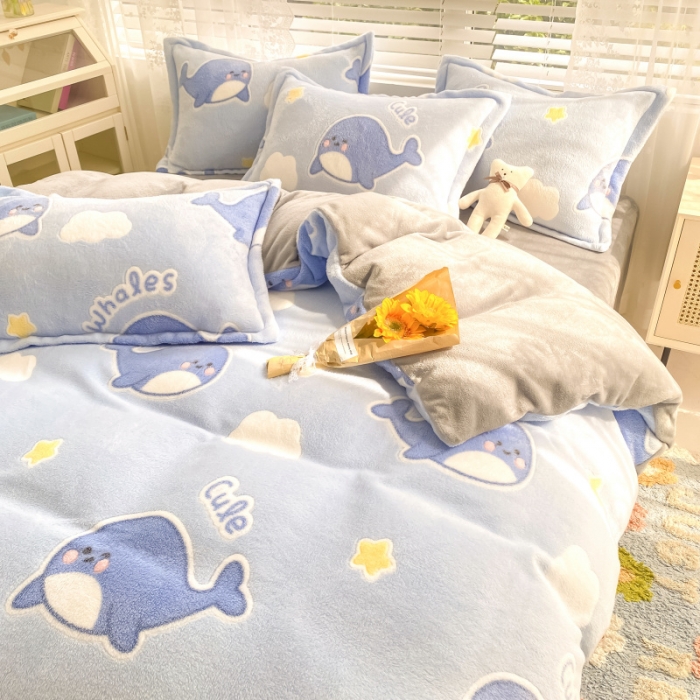 91家纺网 家纺一手货源 找家纺 川悦生活 2021新款立体雪花绒四件套直播供货 可爱鲸鱼