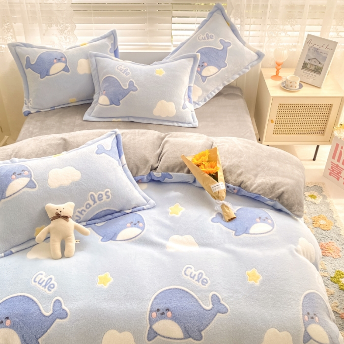 91家纺网 家纺一手货源 找家纺 川悦生活 2021新款立体雪花绒四件套直播供货 可爱鲸鱼