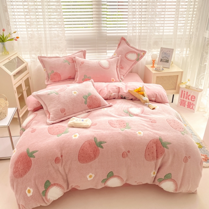 91家纺网 家纺一手货源 找家纺 川悦生活 2021新款立体雪花绒四件套直播供货 小草莓粉