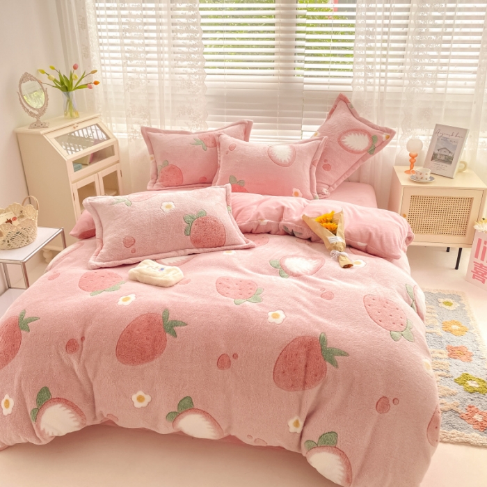 91家纺网 家纺一手货源 找家纺 川悦生活 2021新款立体雪花绒四件套直播供货 小草莓粉