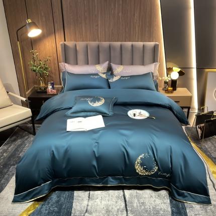91家纺网 家纺一手货源 找家纺 凯磊家纺2021新款高支高密.澳棉刺绣四件套-星月系列 星梦蓝