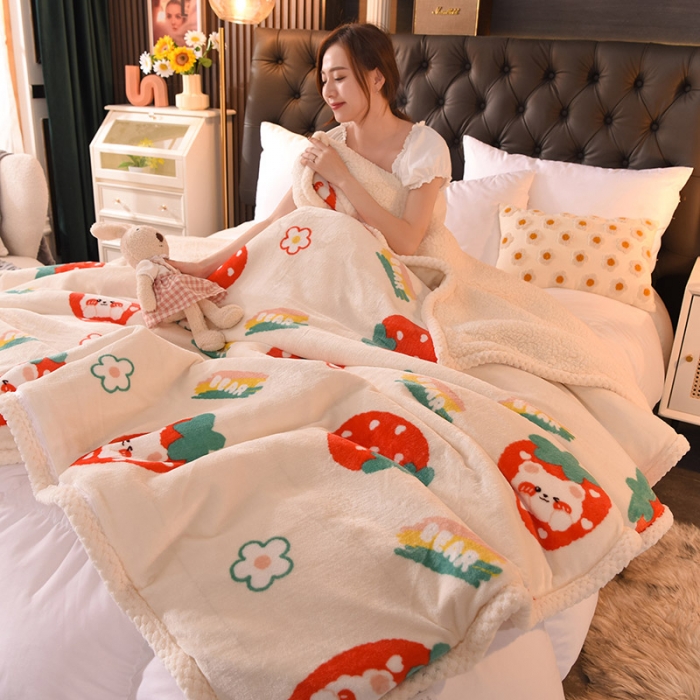 91家纺网 家纺一手货源 找家纺 眠博士 2021新款印花拼羊羔绒单被套 开心草莓
