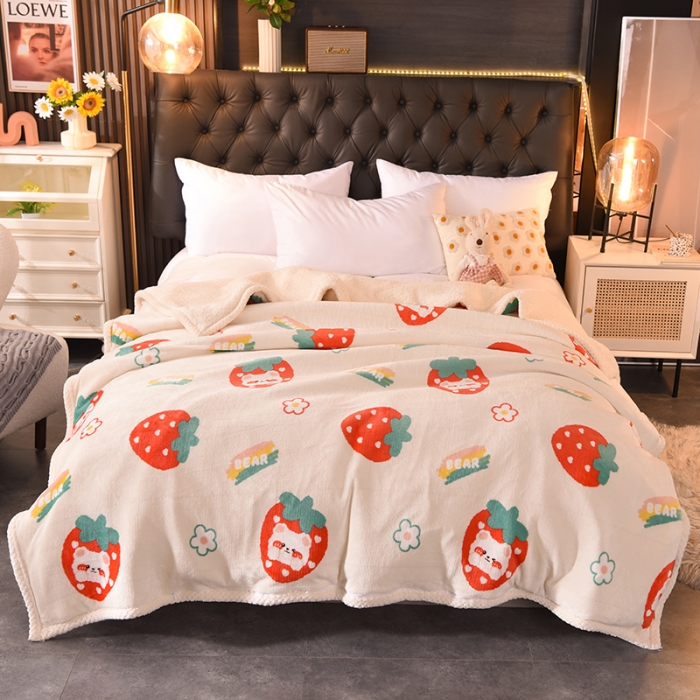 91家纺网 家纺一手货源 找家纺 眠博士 2021新款印花拼羊羔绒单被套 开心草莓