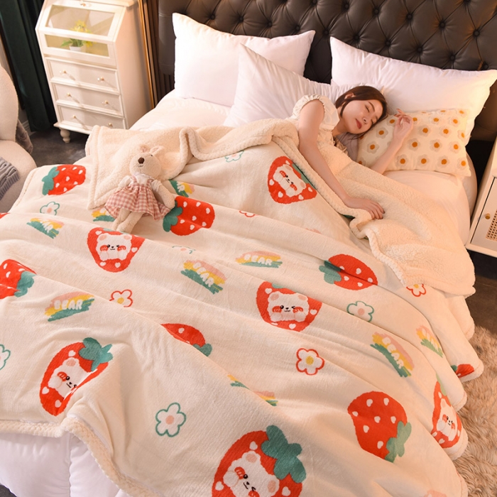 91家纺网 家纺一手货源 找家纺 眠博士 2021新款印花拼羊羔绒单被套 开心草莓