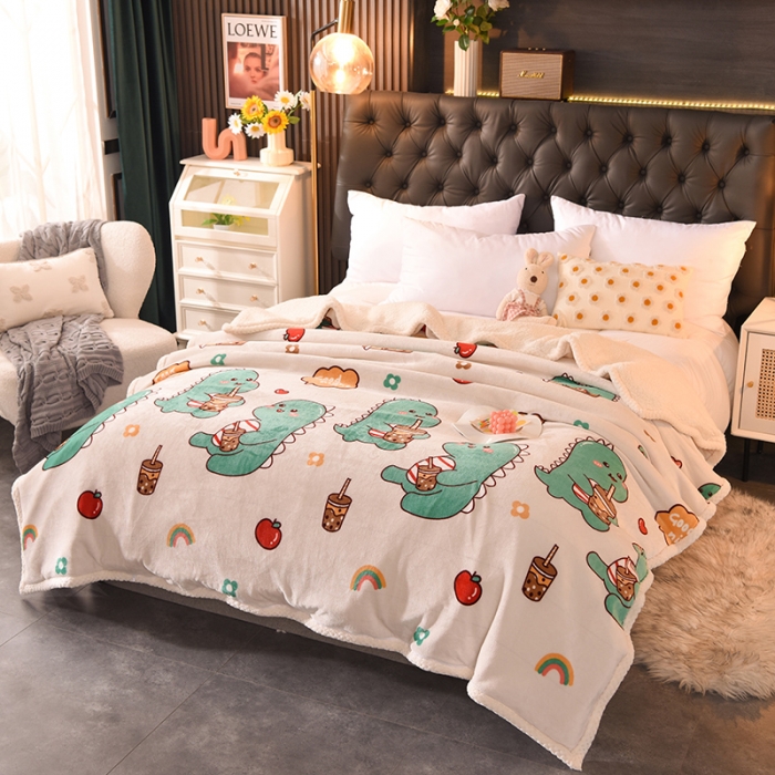 91家纺网 家纺一手货源 找家纺 眠博士 2021新款印花拼羊羔绒单被套 奶茶小龙