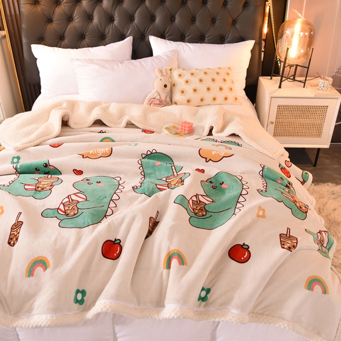 91家纺网 家纺一手货源 找家纺 眠博士 2021新款印花拼羊羔绒单被套 奶茶小龙